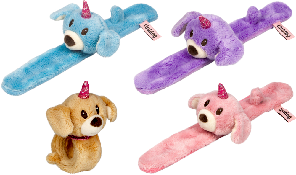 Vier Plüsch-Schnapp-Armbänder in Hundeform mit Einhorn-Horn, Farben: Blau, Lila, Beige und Rosa.
