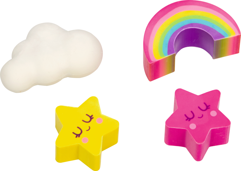Vier Radiergummis: weiße Wolke, Regenbogen, gelber Stern, pinker Stern. Alle haben niedliche Gesichter.