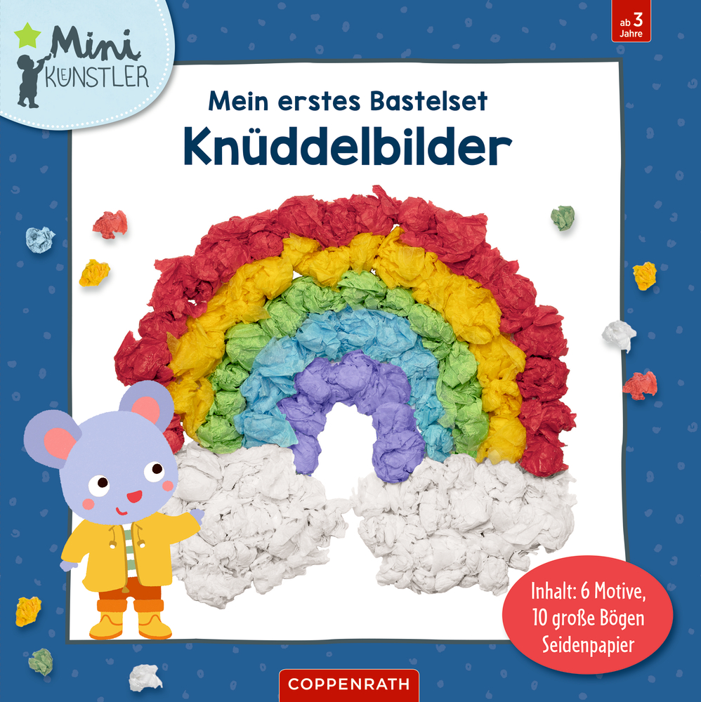Mein erstes Bastelset: Knüddelbilder (Mini-Künstler) Cover des Bastelsets: Knüddel-Papierregenbogen mit einer lustigen Maus im gelben Regenmantel auf der linken Seite.