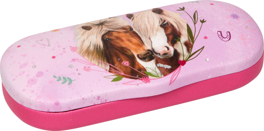 Brillenetui mit Putztuch - Pferdefreunde Rosa Brillenetui mit zwei Pferden, floralen Akzenten und einem kleinen Hufeisendesign.