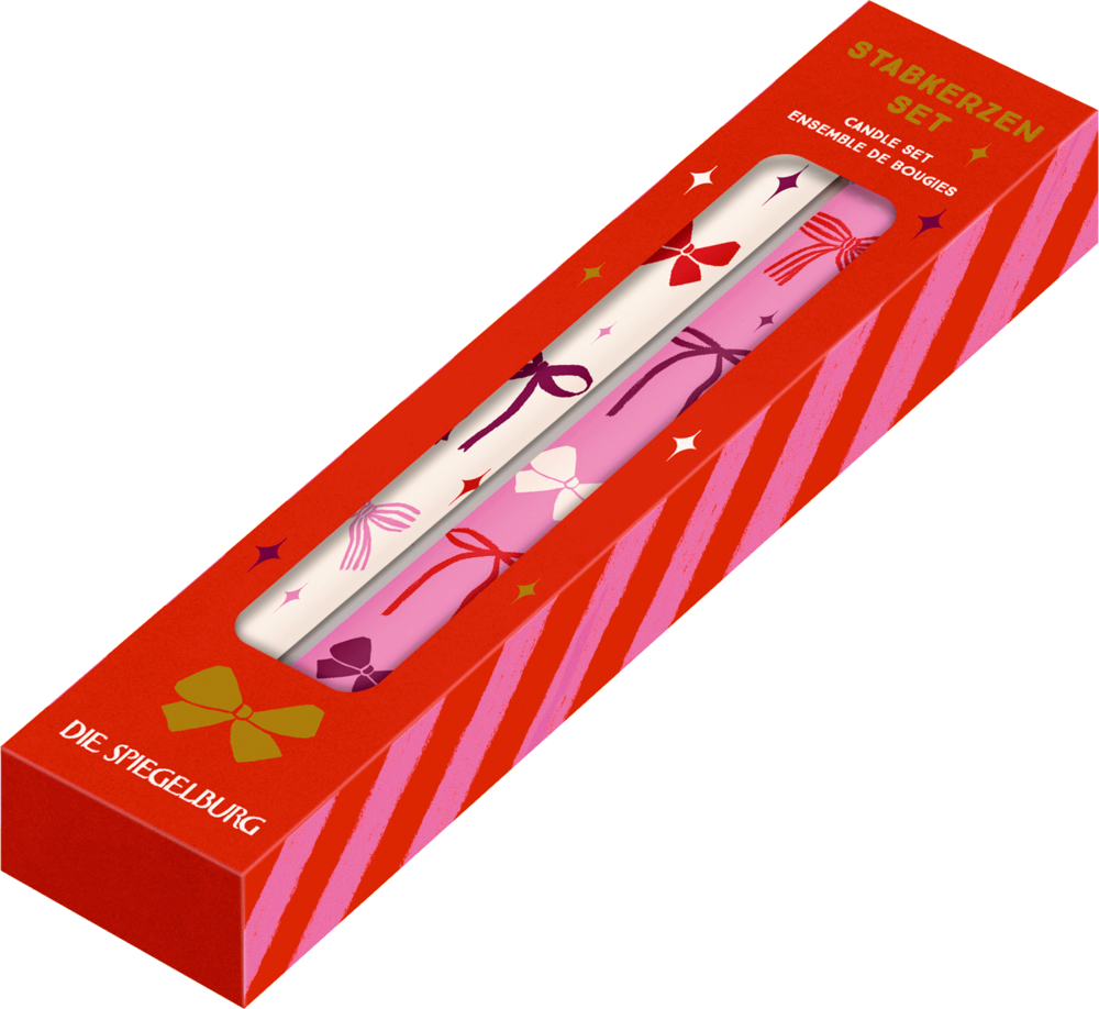Set aus zwei Stabkerzen in Rosa und Weiß mit Schleifenmuster in roter Geschenkverpackung mit Sichtfenster.
