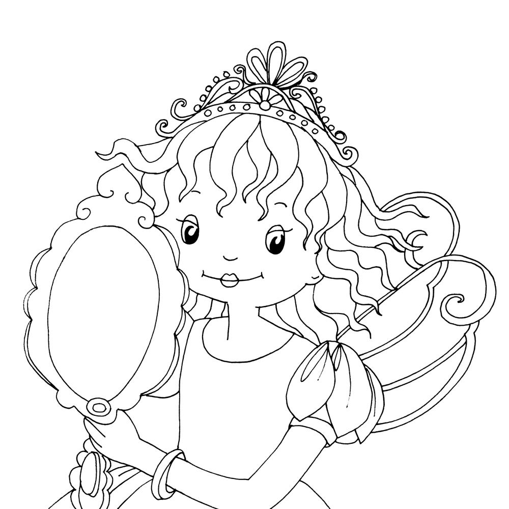 Eine Fee mit Flügeln und einer Krone hält einen verzierten Spiegel und lächelt. Sie trägt ein Kleid. Ausmalbild-Stil.