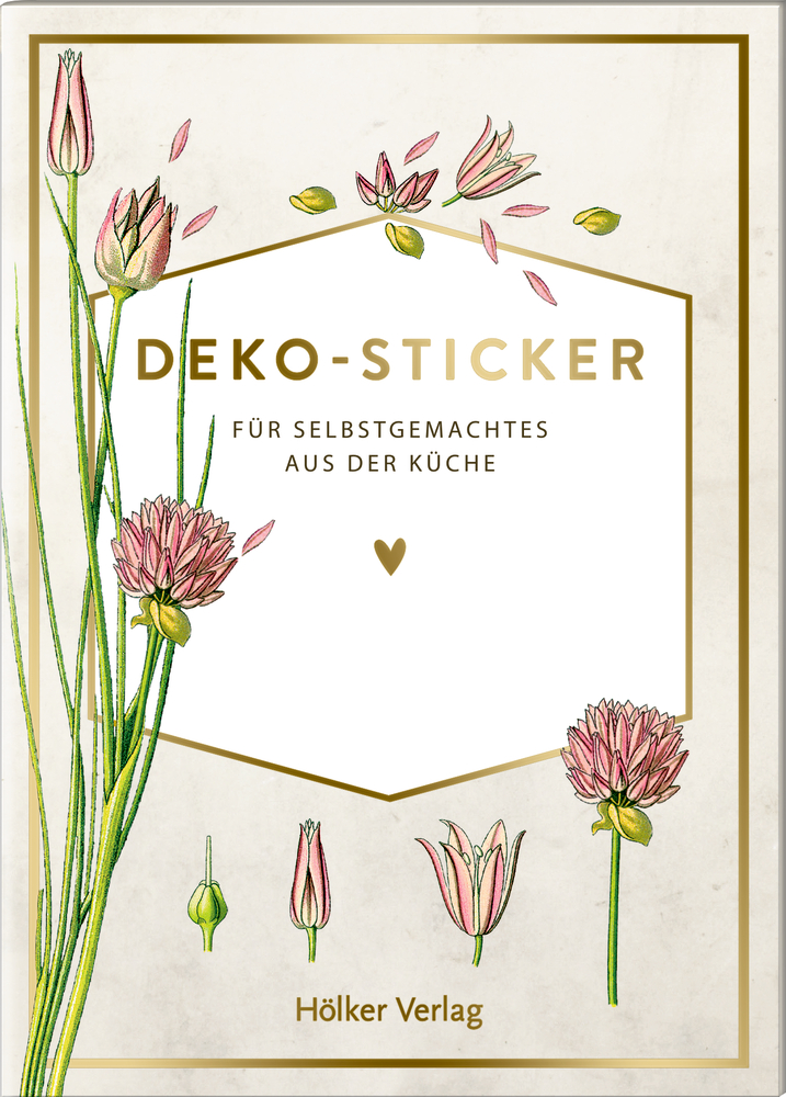 Rosa Blüten, goldener Rahmen, mit deutschem Text – Deko-Sticker für selbstgemachtes aus der Küche.