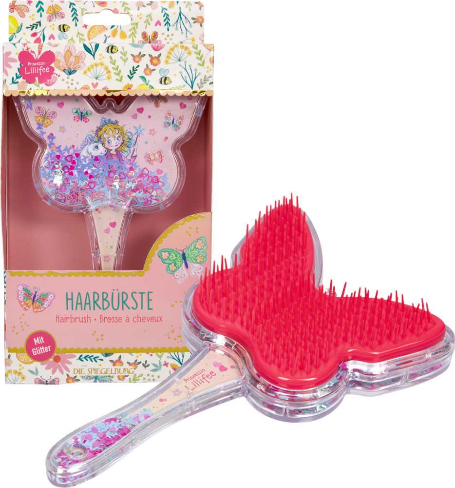 Schmetterlingsförmige Haarbürste mit pinken Borsten und transparentem Griff mit Glitzer, daneben passende Verpackung mit Blumenmuster.