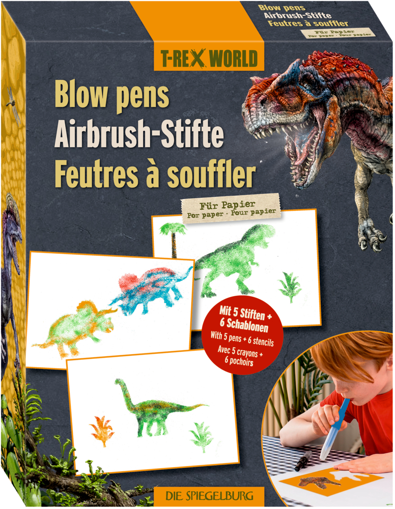 Airbrush-Stifte für Papier - T-Rex World T-Rex World-Blasstifte: Schachtel mit Dinosaurierkunst, Stiften, Schablonen und einem Kind, das einen Blasstift benutzt.