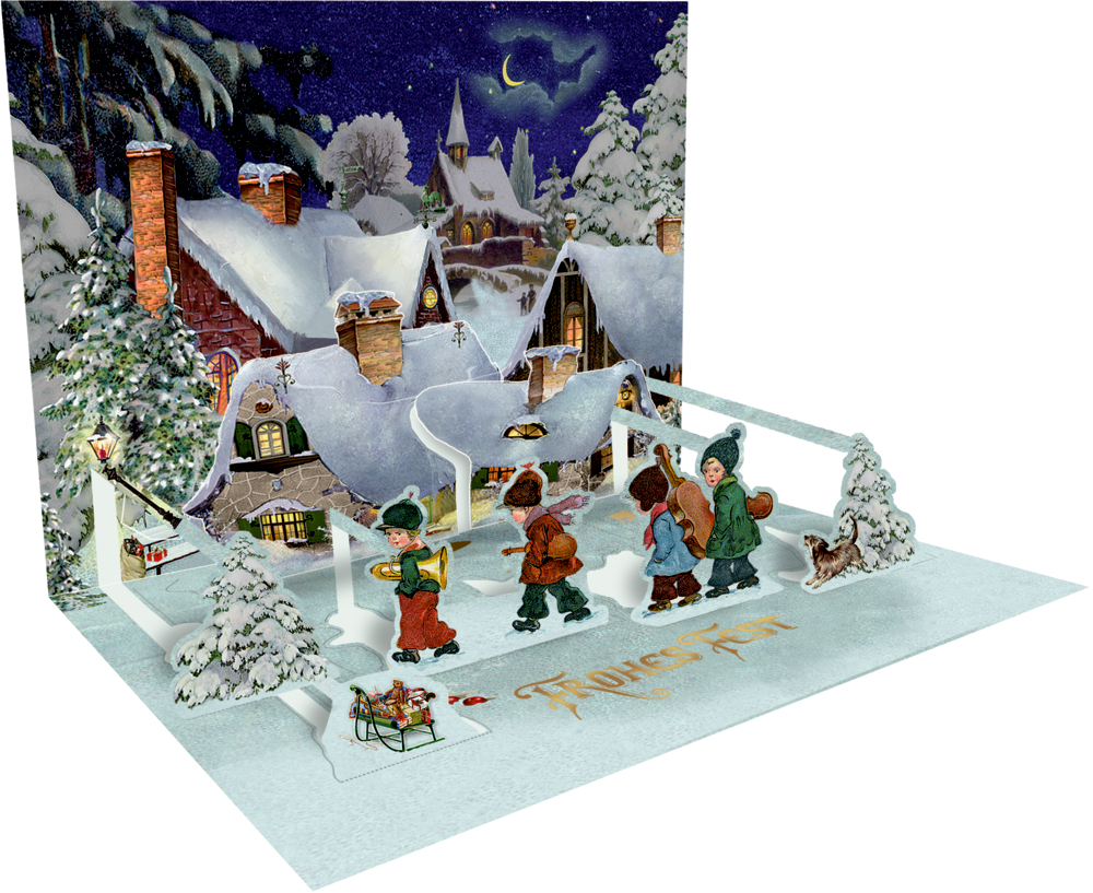 Pop-up-Karte mit winterlicher Dorfszene, Kindern mit Musikinstrumenten im Schnee und Häusern mit verschneiten Dächern.