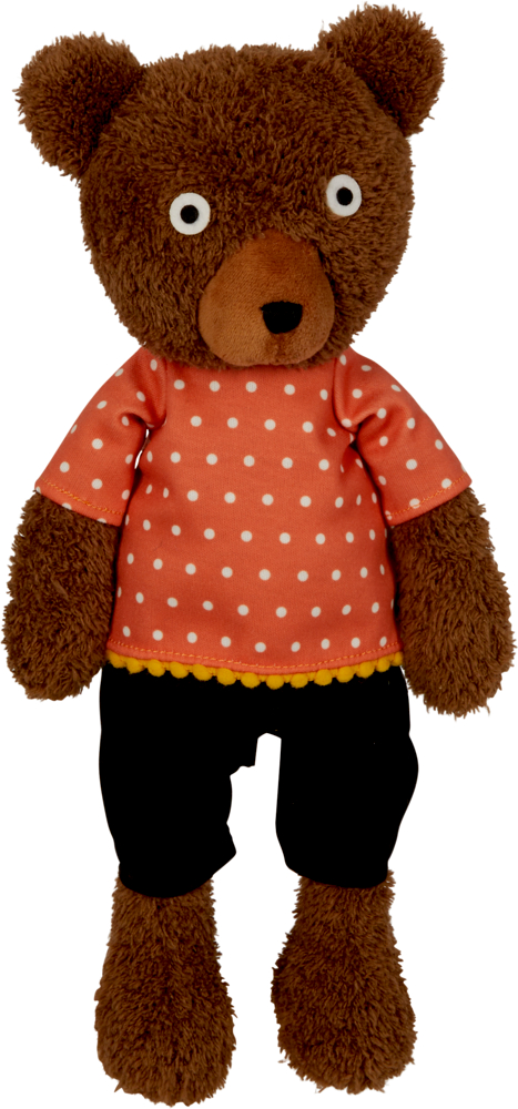 Brauner Teddybär in einem rot gepunkteten Shirt und einer kurzen, schwarzen Hose, aufrecht stehend.
