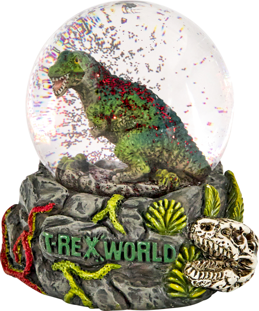 Eine Schneekugel mit einem T-Rex steht darin auf einem felsigen Sockel mit der Aufschrift T-REX WORLD, Knochen und Ranken.