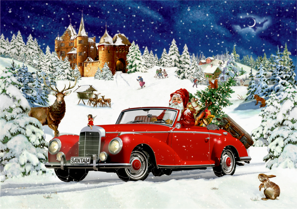 Der Weihnachtsmann fährt im Schnee ein rotes Cabrio mit Weihnachtsbaum, nahe einem Schloss umgeben von Tieren.