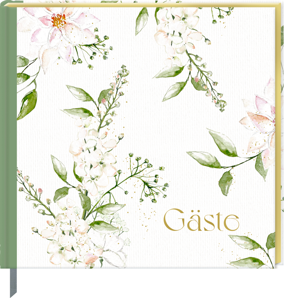 Gästebuch Hochzeit Weißes Gästebuch mit grünen Blättern und „Gäste“ in Gold auf dem Einband.