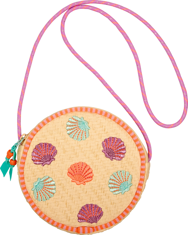 Umhängetäschchen Muschel - Nella Nixe Kleines rundes Umhängetäschchen mit rosa und violettem Riemen und bunten, gestickten Muschelakzenten.