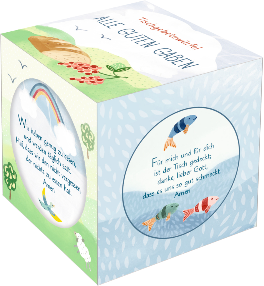 Würfel mit deutschen Gebeten in einer Geschenkbox, auf der bunte Fisch-, Brot-, Regenbogen-, Schaf- und Naturillustrationen abgebildet sind.