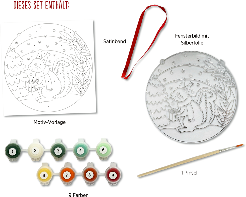 Set mit Malvorlage eines Eichhörnchens, silbernem Fensterbild, rotem Satinband, neun Farbbehältern und einem Pinsel.