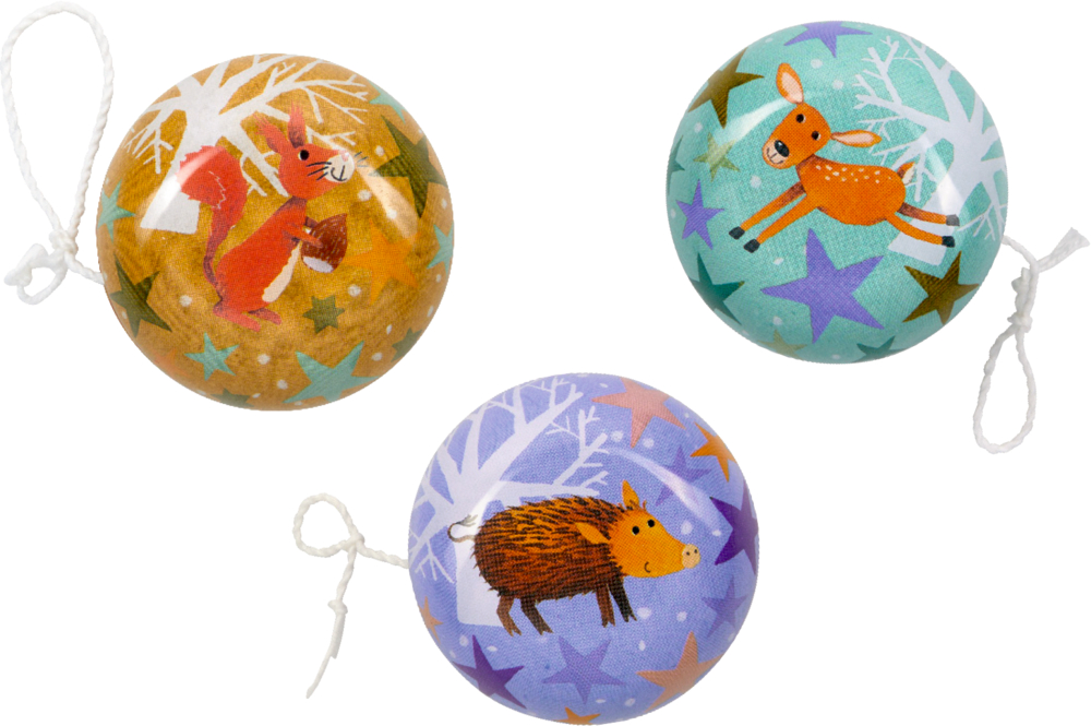 Drei bunte Jojos mit Tiermotiven (Eichhörnchen, Reh, Wildschwein).