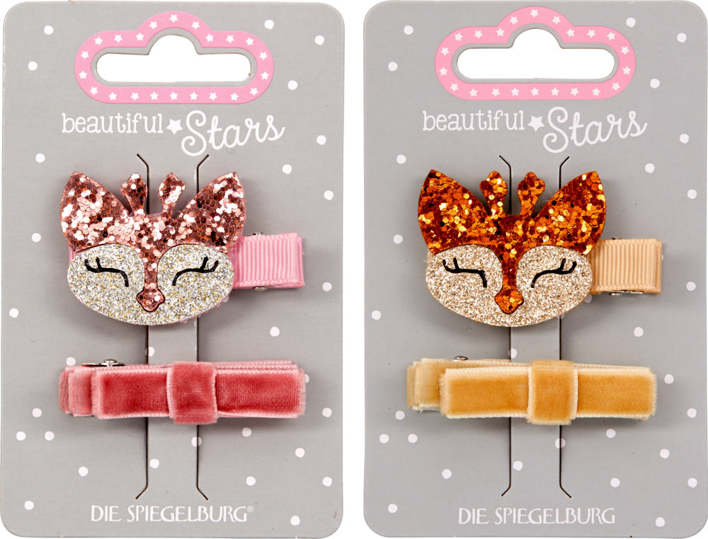 Zwei Packungen glitzernder Reh-Haarspangen mit passenden Samtspangen auf gepunkteten Trägerkarten.