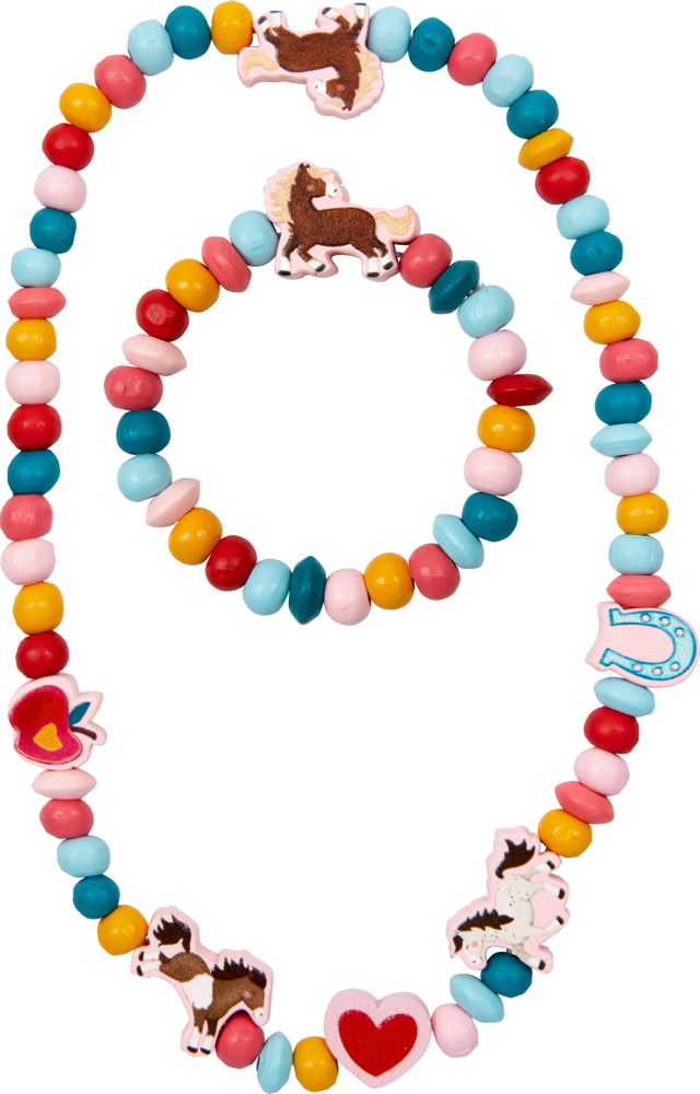 Schmuckset - Mein kleiner Ponyhof (Armband+Kette) Buntes Perlenset mit Halskette und Armband und Anhängern in Form von Pferd, Hufeisen, Apfel und Herz.