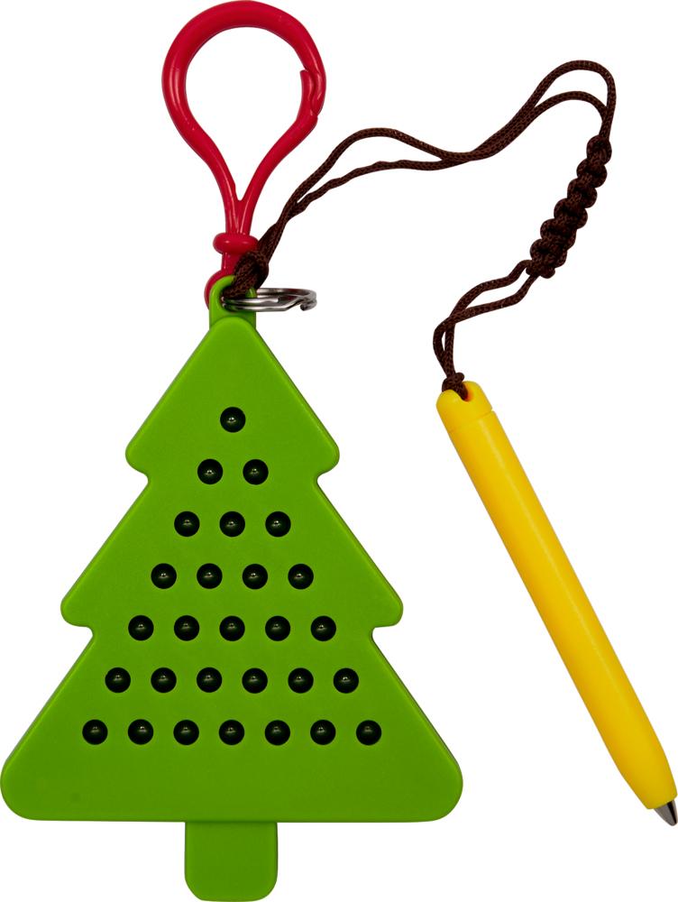 Grünes Magnetspiel in Tannenbaumform mit rotem Haken und gelbem Magnetstift an brauner Schnur.