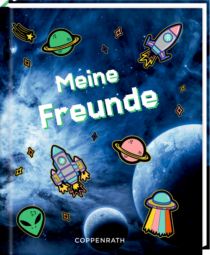 Freundebuch: Weltraum - Meine Freunde Blaues Freundebuchcover mit Weltraummotiven, Planeten, Raketen und dem Text „Meine Freunde“ in Pixel-Art.