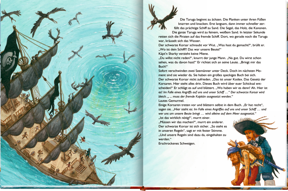 Illustration eines Piratenschiffs mit schwarzen Segeln auf See, umkreist von schwarzen Vögeln. Danaben Text und ein Pirat.