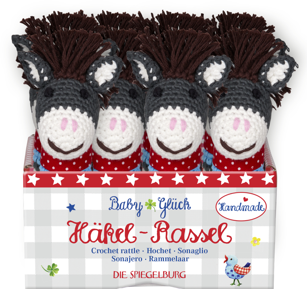 Vier gehäkelte Eselrasseln mit brauner Mähne in einer Displaybox mit der Aufschrift „Häkel-Rassel“ und „Handmade“.