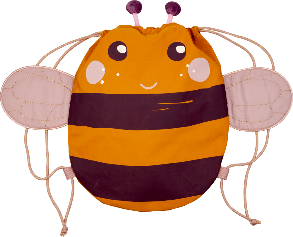 Sportbeutel Biene - Kleine Freunde "Rucksack mit Kordelzug in Forme einer Biene mit Fühlern, lächelndem Gesicht, gestreiftem Körper und Flügeln an der Seite, "