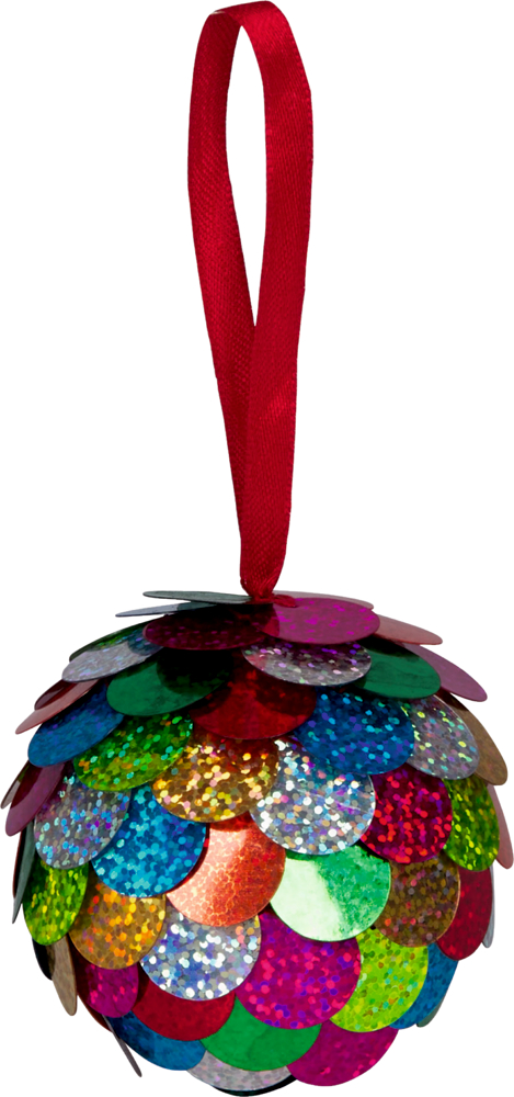 Runde Kugel mit überlappenden, glitzernden Pailletten in bunten Farben und roter Stoffschlaufe zum Aufhängen.