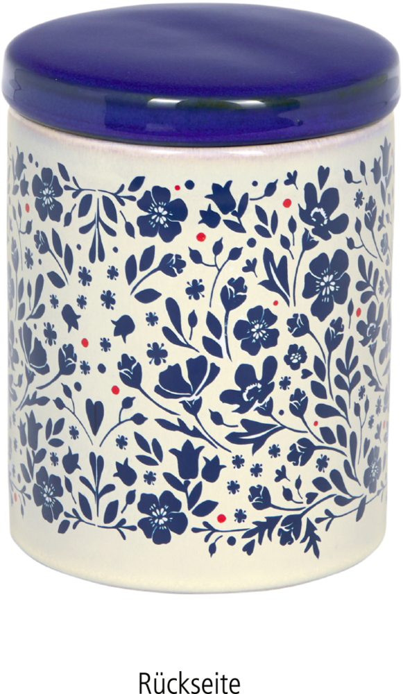Rückseite einer weißen Dose mit dunkelblauen Motiven.