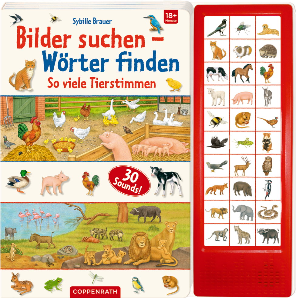Bilder suchen - Wörter finden: So viele Tierstimmen (Sounduch) Cover eines Kinderbuchs mit Tiergeräuschen, das illustrierte Tiere und eine Klangtafel mit Tiersymbolen zeigt.