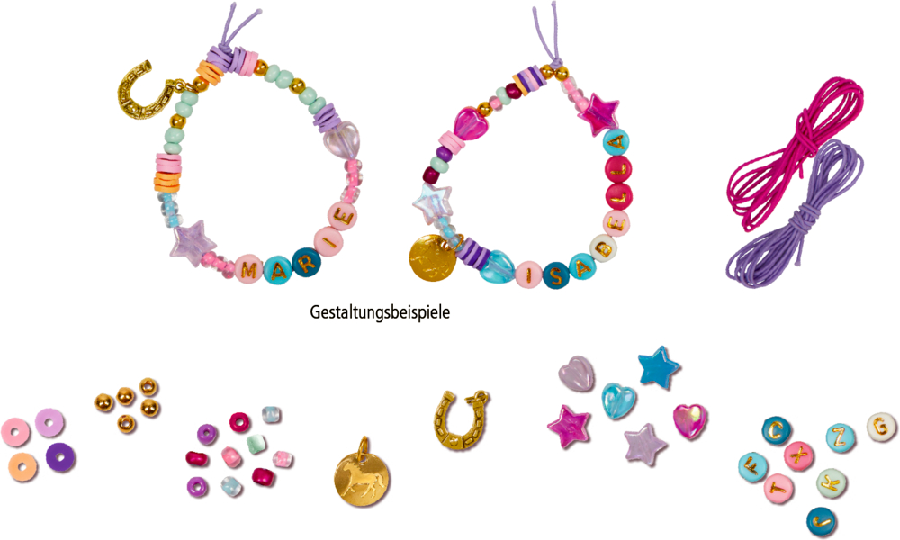 Zwei bunte Perlenarmbänder mit Anhängern sowie Schnurbündel und lose Perlen und Anhänger.