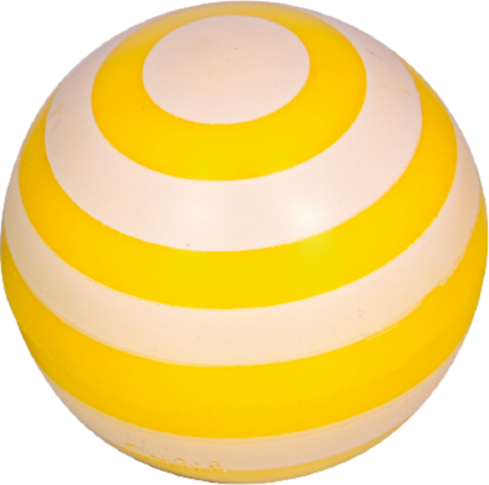 Ein Ball mit abwechselnd gelben und weißen konzentrischen Streifen auf der Oberfläche.