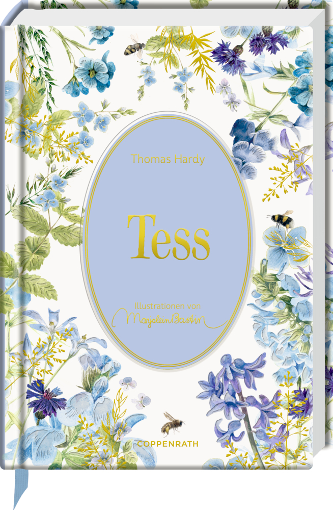 Große Schmuckausgabe (Bastin): Thomas Hardy, Tess Mit Blumen und Bienen illustrierter Buchumschlag mit „Tess von Thomas Hardy“ in einem blauen ovalen Rahmen.