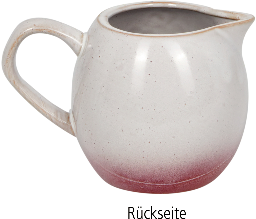 Weißes kleines Keramikkännchen mit Henkel, rosafarbenem Boden und darunter der Schriftzug „Rückseite“.