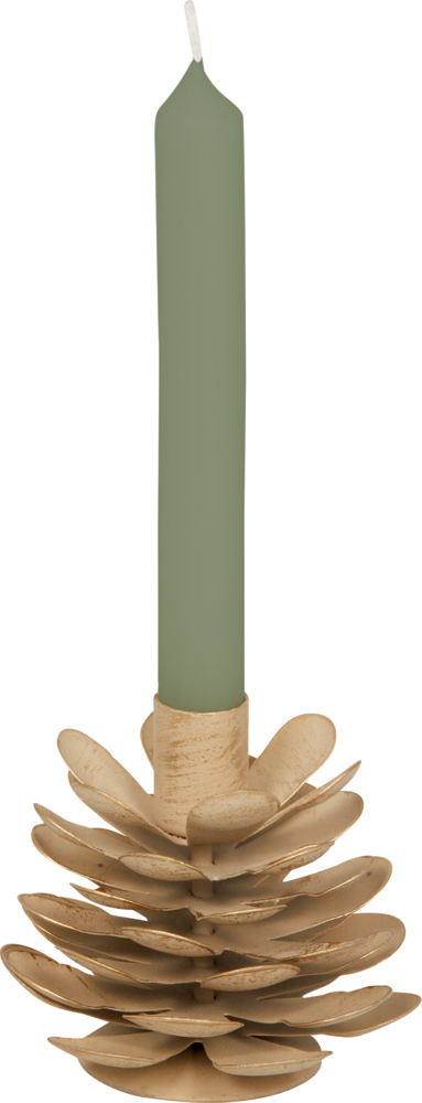Grüne Kerze in einem cremfarbenen, tannenzapfenförmigen Halter vor weißem Hintergrund.