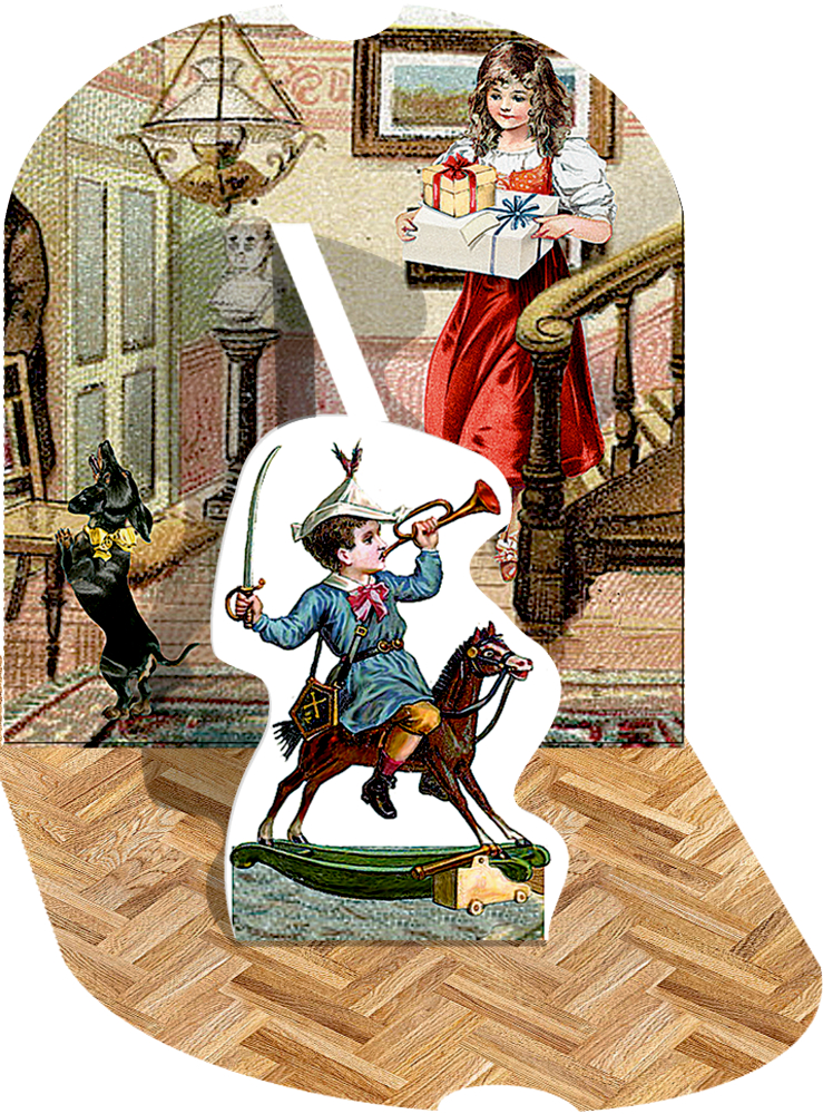 Nostalgisches Adventskalendermotiv: Ein MÃ¤dchen mit Geschenken auf einer schÃ¶nen Treppe. Ein Junge auf einem Schaukelpferd bläst in ein Horn.