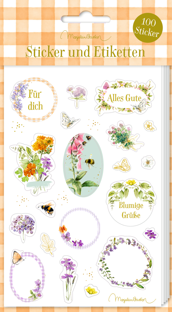 Stickerbogen: Sticker und Etiketten GartenLiebe - M. Bastin Stickerbogen mit Blumen, Bienen, Schmetterlingen und Grüßen wie „Alles Gute“ und „Für dich“.