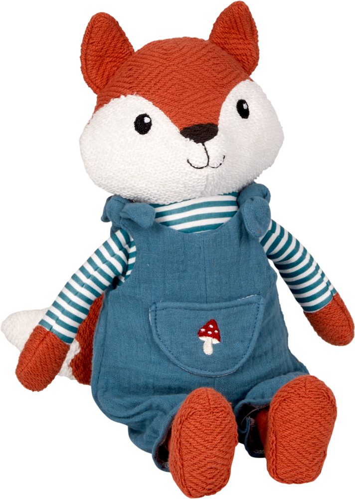 Kuscheltier Fuchs - Little Wonder (nachhaltig mit Recycling-Material und Baumwolle aus kontrolliert biologischem Anbau)  Plüschfuchs im blauen Overall und gestreiften Hemd, aufrecht sitzend und lächelnd.
