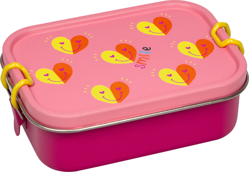 Pinke Lunchbox mit gelben und orangefarbenen Herzen mit Gesicht und dem Wort smile auf dem Deckel.