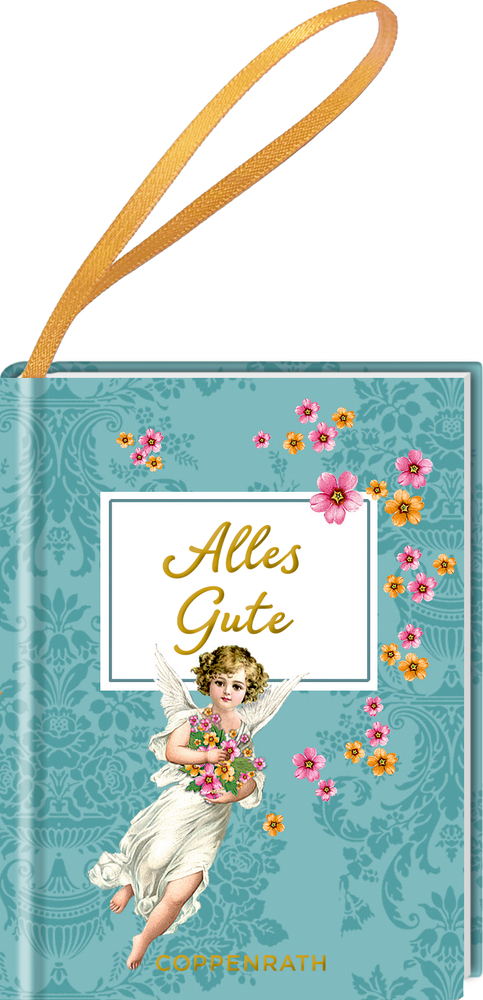 Ein blaues Geschenk-Buch mit gelbem Band, Blumendesign und Engel, der Blumen hält. Text: Alles Gute.