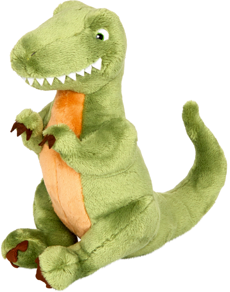 T-Rex - Dino Friends Grünes Plüschdinosaurierspielzeug mit orangefarbenem Bauch, weißen Zähnen und kleinen braunen Krallen, aufrecht sitzend.