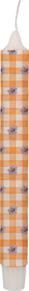 Hohe weiße Kerze mit orange-kariertem Muster mit lila Blumen, isoliert auf weißem Hintergrund.