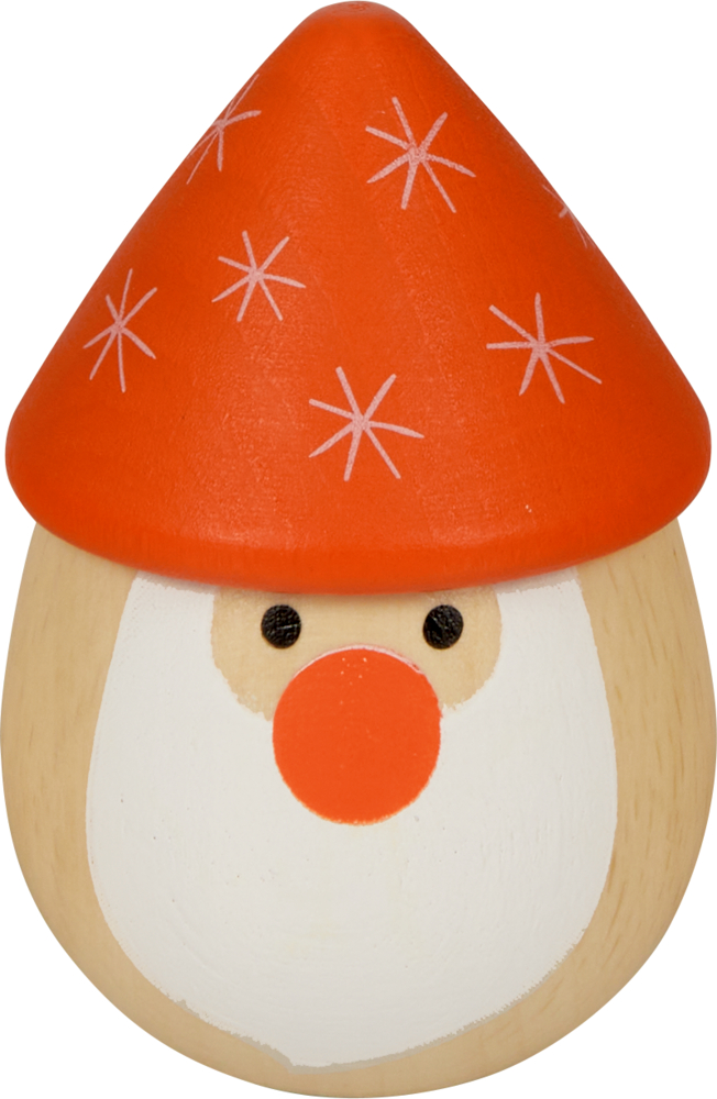 Holz-Ei mit roter Mütze, weißem Bart und orangefarbender Nase, das einem Weihnachtsmann- oder Gnomengesicht ähnelt.