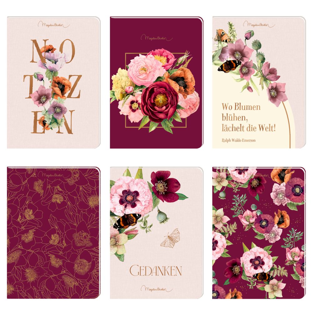 Notizheft DIN A6 - Blütenzauber (M. Bastin) Sechs Notizbücher mit Blumenmotiven in Rosa, Burgunderrot und Creme, einige mit deutschem Text und Blumenillustrationen.