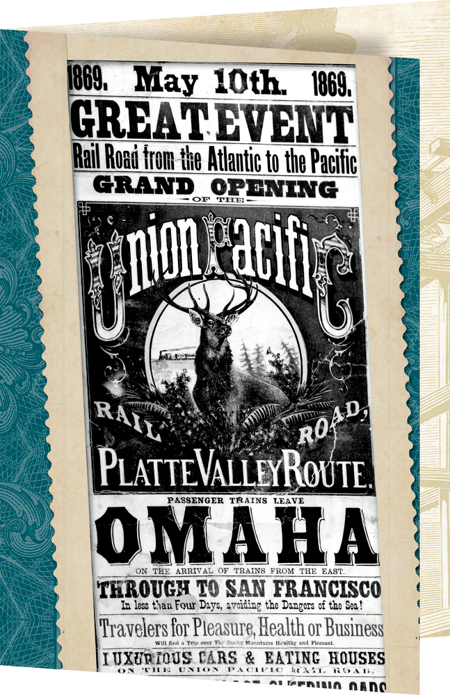 Vintage-Plakat, das die Eröffnung der Union Pacific Railroad in Omaha am 10. Mai 1869 ankündigt, als Beilage