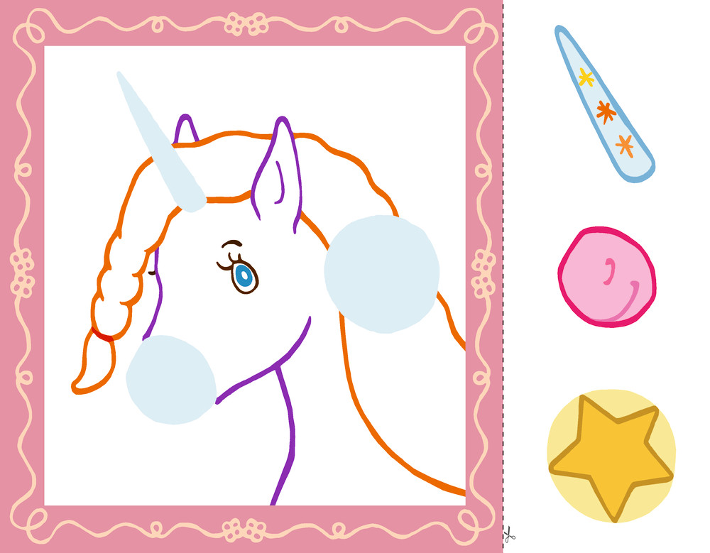 Ausmalseite mit Einhorn mit gelbem Rahmen.