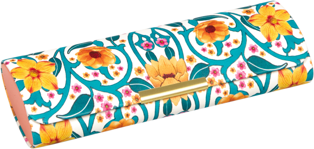 Brillenetui mit Blumenmuster, gelbe, orange und pinke Blumen auf türkis-weißem Hintergrund.