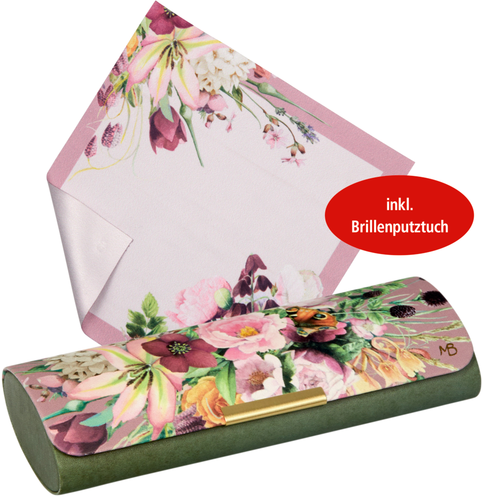 Brillenetui mit Putztuch Blütenzauber - M. Bastin Geblümtes Brillenetui mit passendem Putztuch und rotem Etikett: „inkl. Brillenputztuch“.
