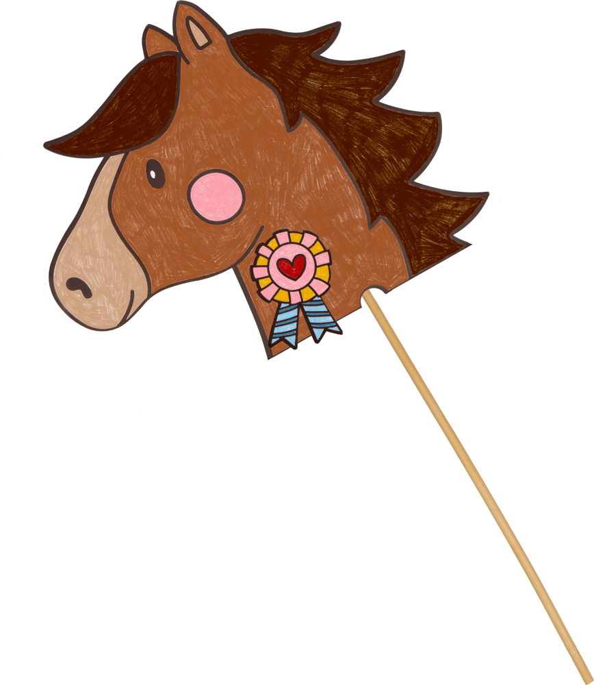 Braunes Steckenpferd mit rosa Rosette und Stockgriff auf weißem Hintergrund.