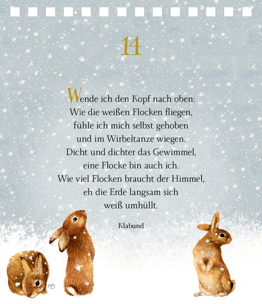 Drei braune Hasen im Schnee, fallende Schneeflocken, blaugrauer Hintergrund, mit einem Wintergedicht, abgebildet auf einer Seite.