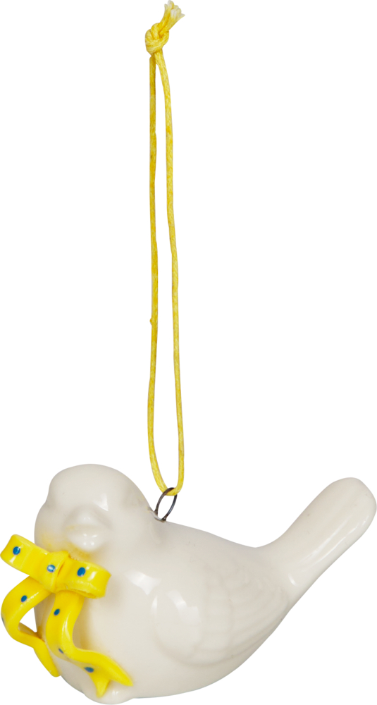 Weißer Keramikvogel mit gelber Schleife unter dem Schnabel und Aufhängeband.