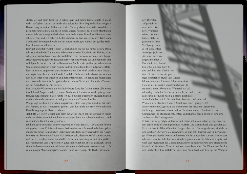 Offenes Buch mit deutschem Text und einSchatten einer Leiter fällt diagonal über die rechte Seite.